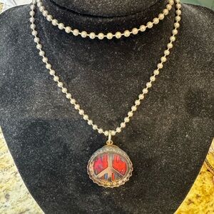 Silver Bead Chain Necklace w Red Peace Sign